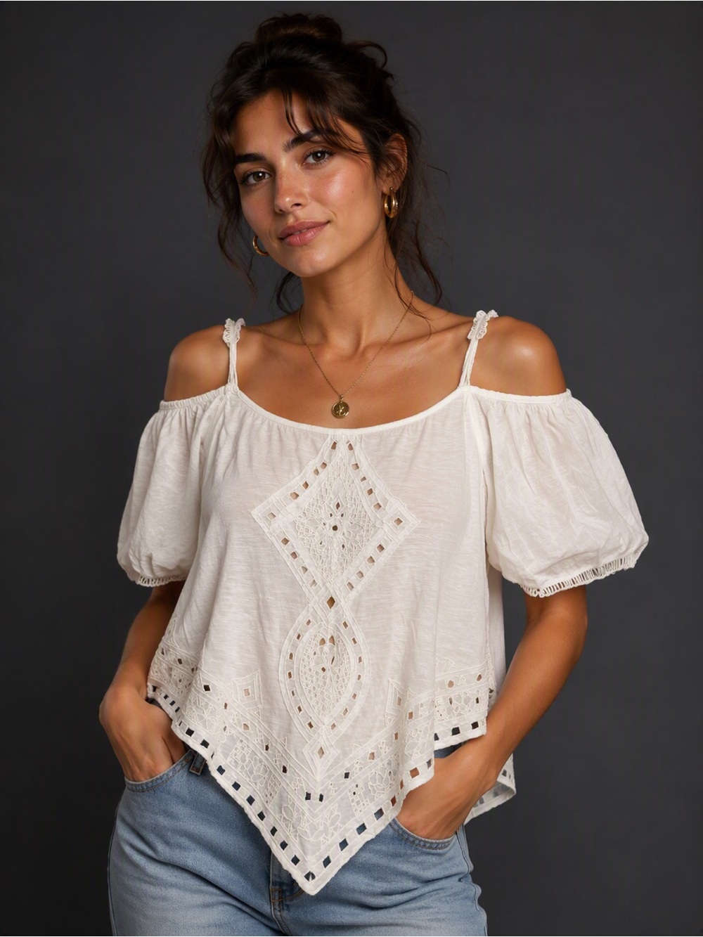 Free People Ivory Cold-Shoulder Embroidered Handkerchief Hem Top